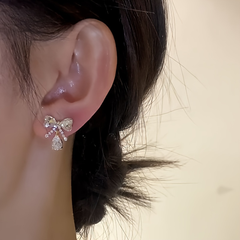 Bow & Water Drop Gemstone Earrings with Rhinestone Accents
